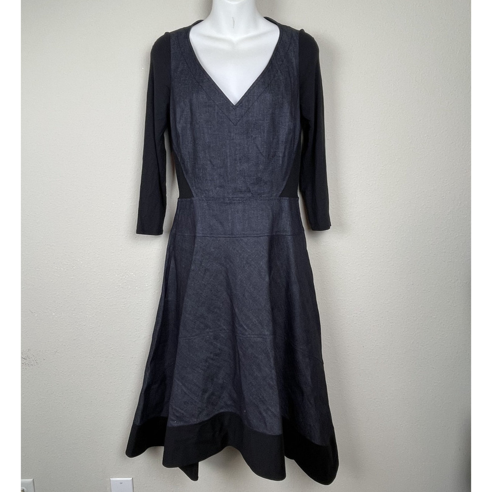 Donna Karan Fit & Flare Denim Dress Size 6 Mixed‎ Media Blue Black Pockets